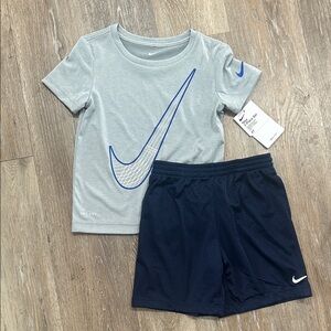 NEW Nike Kids Short Sleeve Top & Mesh Shorts Set - Light Gray & Navy Blue